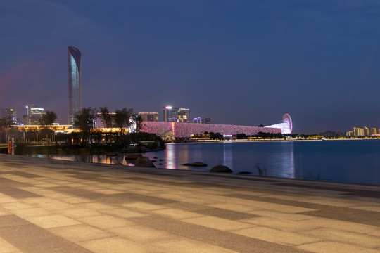 中国苏州市夜晚美丽的金鸡湖风景