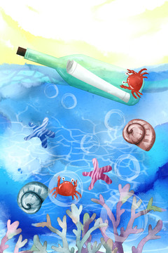 水彩風(fēng)格世界海洋日漂流瓶插畫