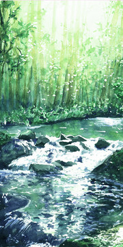 绿色森林水彩画