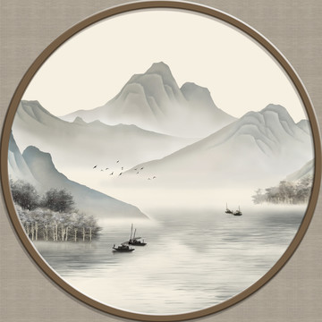 圓形新中式玄關(guān)山水畫