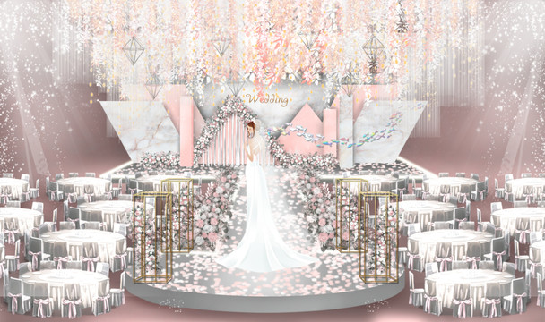 粉色大理石纹几何婚礼舞台设计