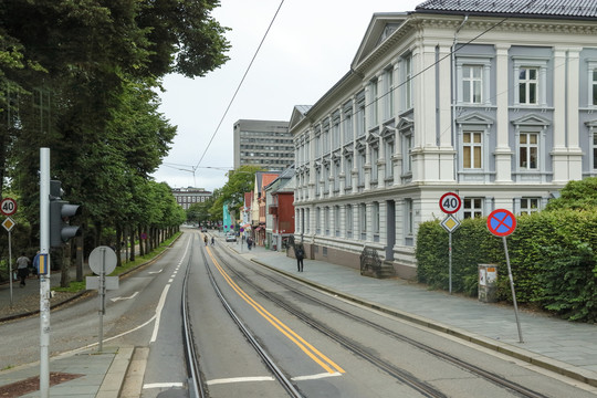 卑尔根街景有轨电车轨道