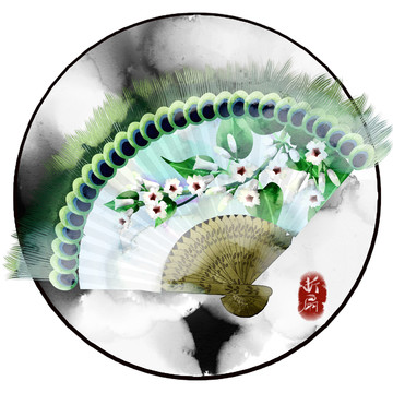 水彩風(fēng)格中國古代孔雀羽毛扇子