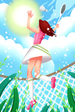 小清新風(fēng)格女孩打羽毛球插畫