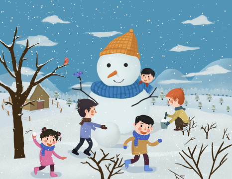 冬至小孩雪人小清新插畫