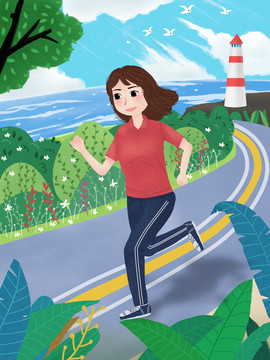 夏至女孩海邊跑步小清新插畫