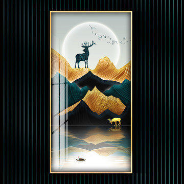 新中式线条山水麋鹿意境装饰画