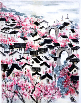 桃花盛开的江南水彩画