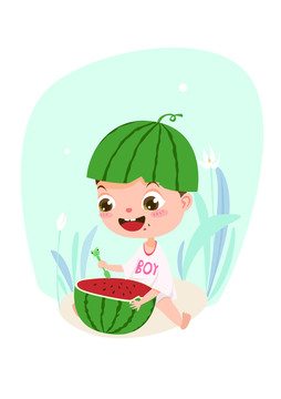 夏季吃西瓜插畫