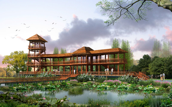 濕地公園觀景臺效果圖psd