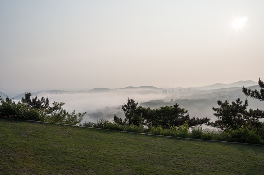 旅顺白玉山上平流雾景色