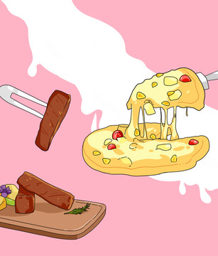 手绘披萨牛排插画