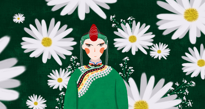 少數(shù)民族畬族女孩傳統(tǒng)服飾手繪