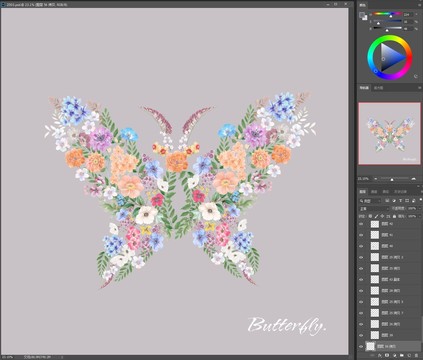 手绘花卉组成的动物蝴蝶
