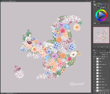 手绘花卉组成的动物松鼠
