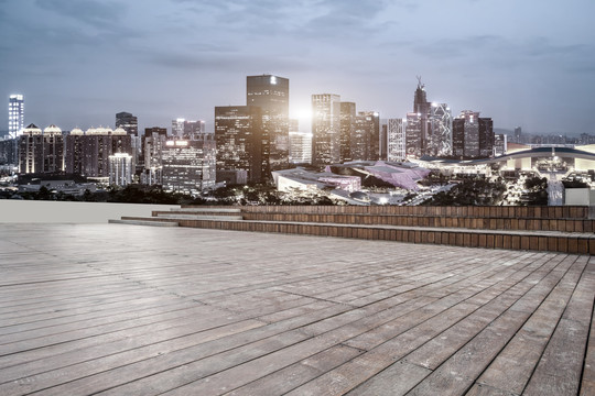 木地板观景台和城市夜景