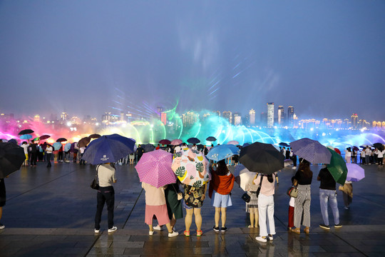 打着雨伞看灯光秀