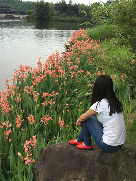 坐在湖边赏粉红色水菖蒲花的女孩