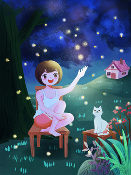 夜晚在星空下乘涼的女孩原創(chuàng)插畫