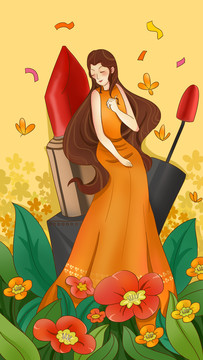 手繪風(fēng)少女口紅植物插畫
