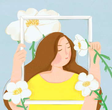 拿著相框聞花朵的長發(fā)女孩