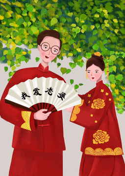 中式手绘秀禾婚纱照