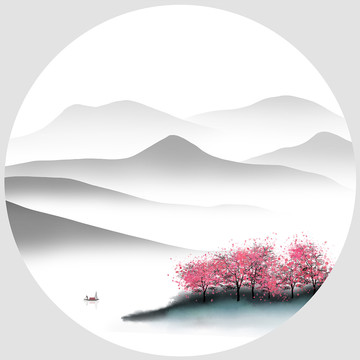 新中式圓形水墨山水裝飾畫