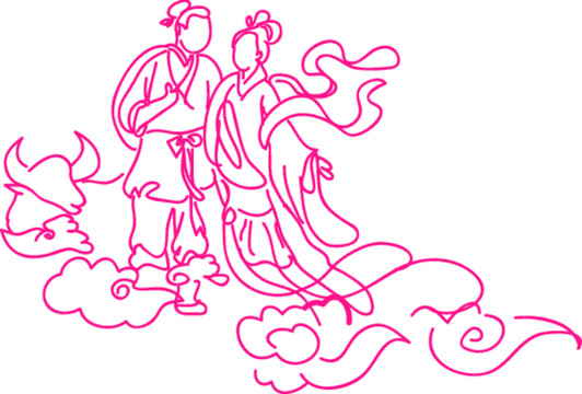 七夕情人節(jié)牛郎織女線描矢量