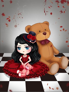 穿哥特红裙子的可爱女孩和玩具熊