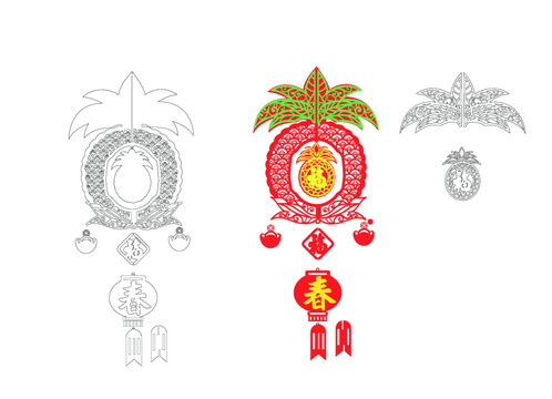 新年春節(jié)剪紙掛件鳳梨福字矢量圖