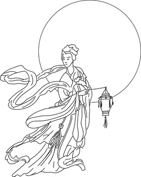 嫦娥奔月中國(guó)傳統(tǒng)元素線稿手繪插