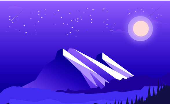 星空極光下雪山矢量扁平插畫(huà)