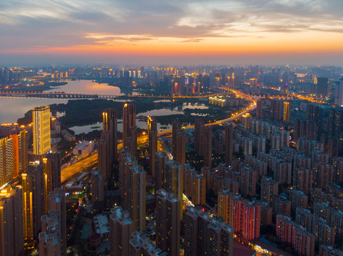 武汉夏日城市航拍傍晚和夜景风光