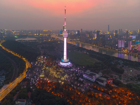 武汉夏日城市航拍傍晚和夜景风光