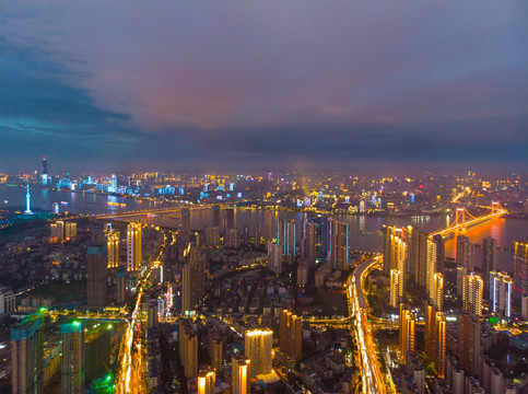 武汉夏日城市航拍傍晚和夜景风光