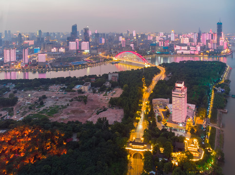 武汉夏日城市航拍傍晚和夜景风光