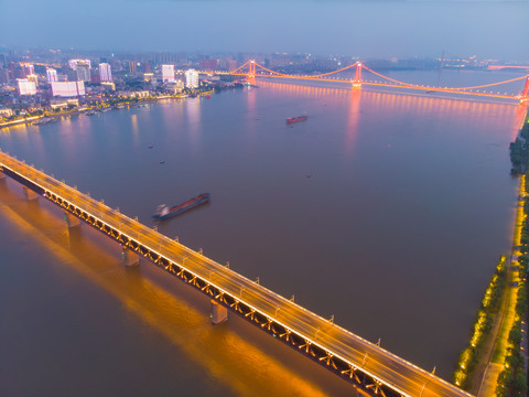 武汉夏日城市航拍傍晚和夜景风光