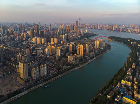 武汉夏日城市航拍傍晚和夜景风光