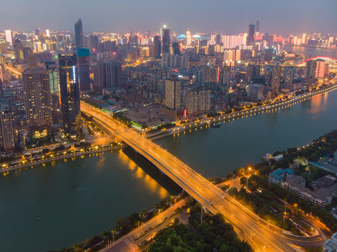 武汉夏日城市航拍傍晚和夜景风光