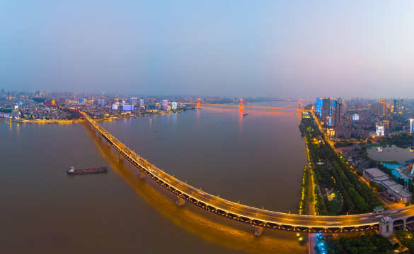 武汉夏日城市航拍傍晚和夜景风光