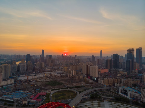 武汉夏日城市航拍傍晚和夜景风光