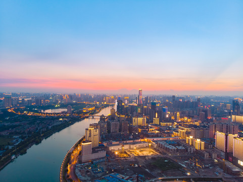 武汉夏日城市航拍傍晚和夜景风光