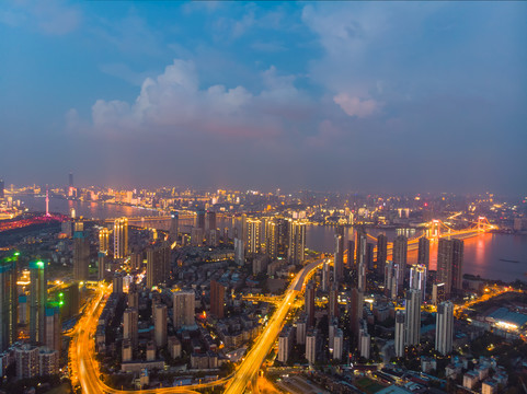 武汉夏日城市航拍傍晚和夜景风光