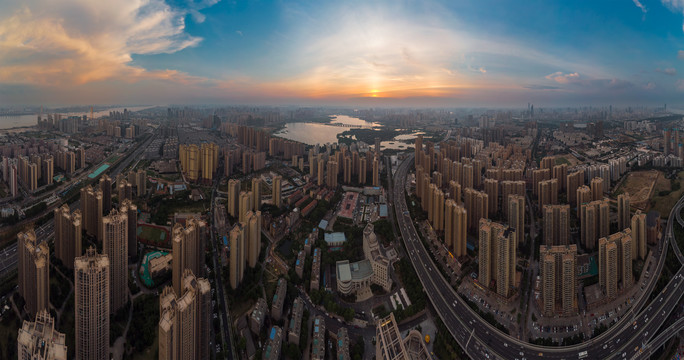 武汉夏日城市航拍傍晚和夜景风光