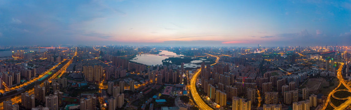 武汉夏日城市航拍傍晚和夜景风光