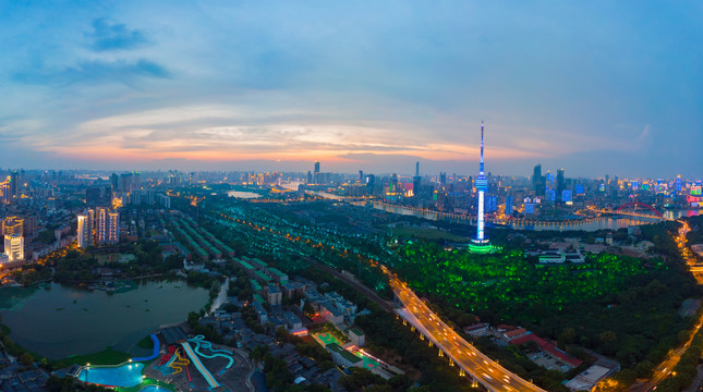 武汉夏日城市航拍傍晚和夜景风光