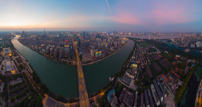 武汉夏日城市航拍傍晚和夜景风光