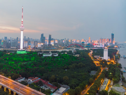 武汉夏日城市航拍傍晚和夜景风光