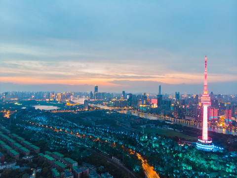 武汉夏日城市航拍傍晚和夜景风光