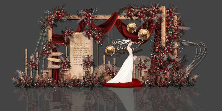 红色复古美式户外婚礼效果图